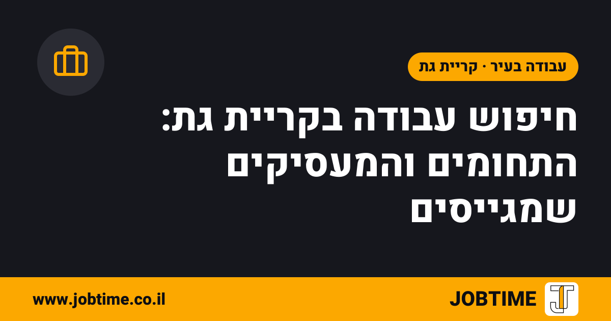 תמונת שער בצבעי JOBTIME עם כותרת המאמר: חיפוש עבודה בקריית גת: התחומים והמעסיקים שמגייסים